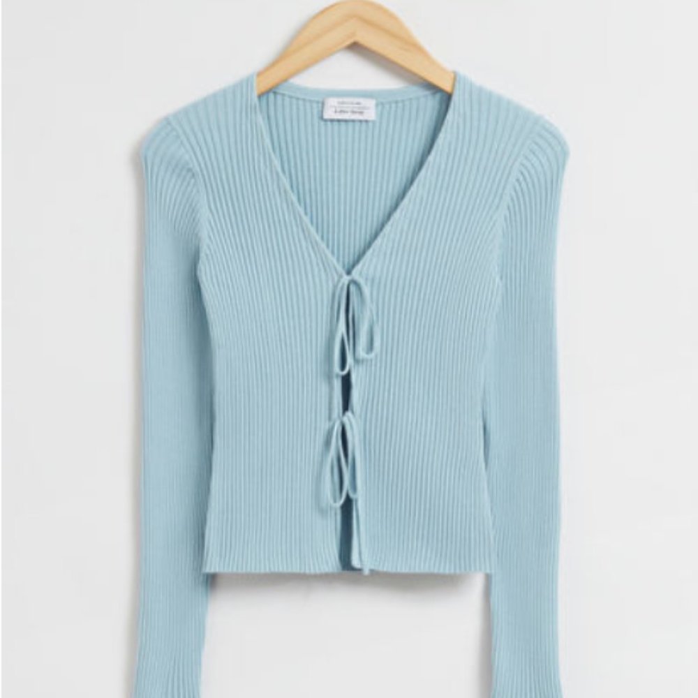 ISO & Other Stories Tie-Front Ribbed Cardigan in Dusty Turquoise